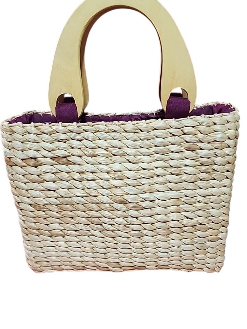Faded Glory Vintage Woven Straw Floral Tote Bag With Wood Handles - Picture 3 of 10